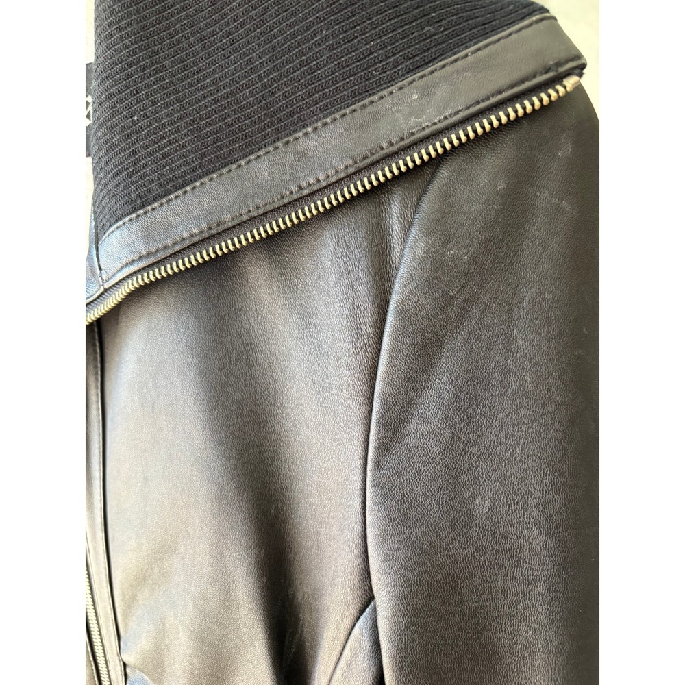 Y2K Guess Black Leather Moto Jacket Ribbed Collar Double Zip - Medium - Picture 5 of 9